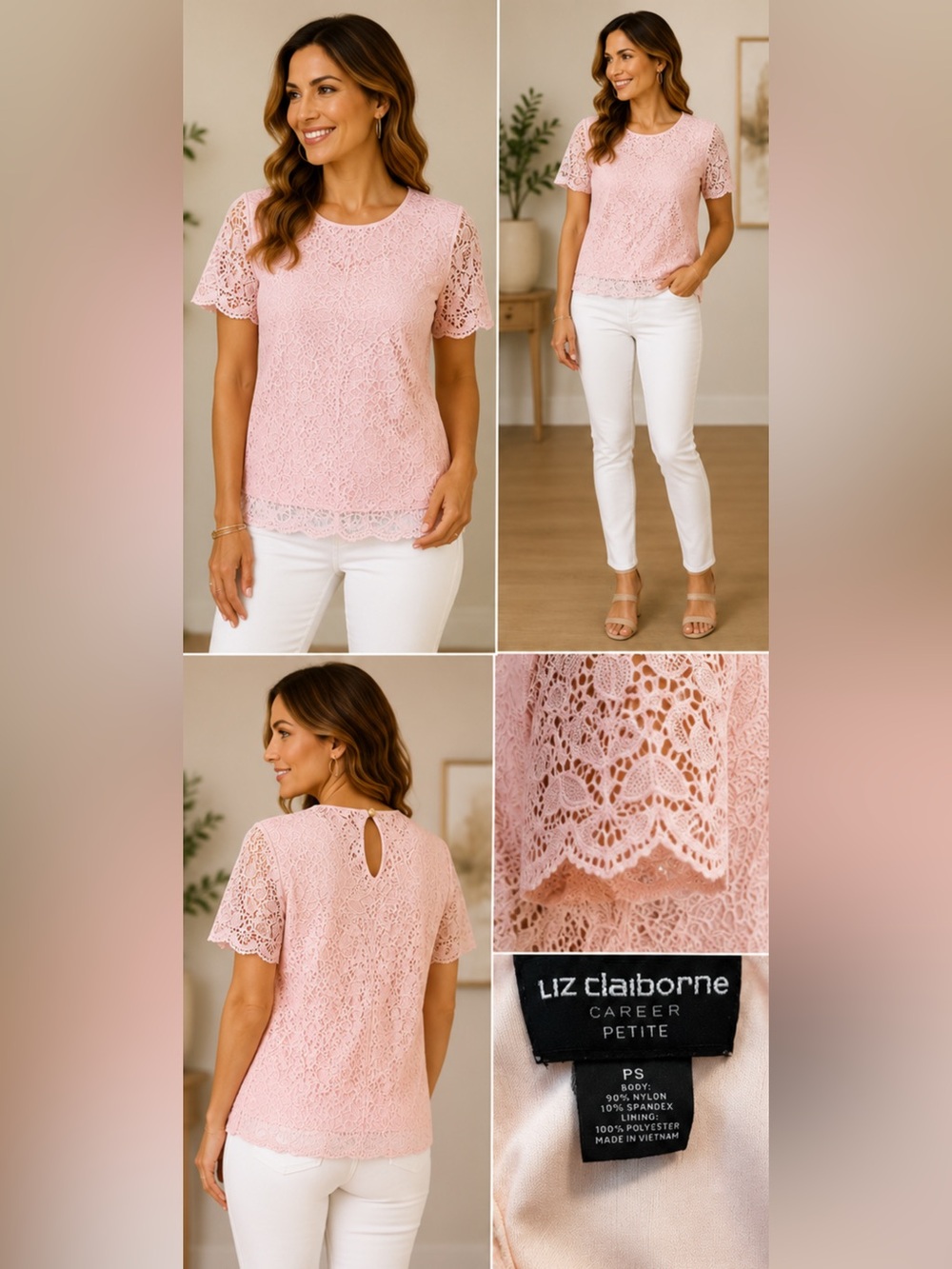 Liz Claiborne Career Petite Pink Floral Lace Lined Short Sleeve Blouse - Size PS - Picture 2 of 8